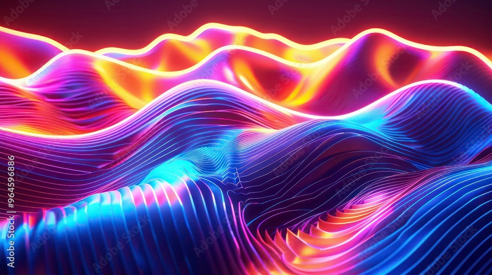 Poster abstract neon glowing lines in wavy form, creating a colorful and futuristic background.