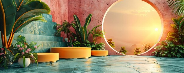 Modern tropical podiums with large green plants on warm orange background