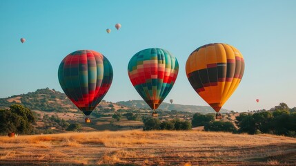 Fototapeta premium Skyward Adventures: Colorful Hot Air Balloons Sail Gracefully Over Rolling Hills in a Serene Morning Sky