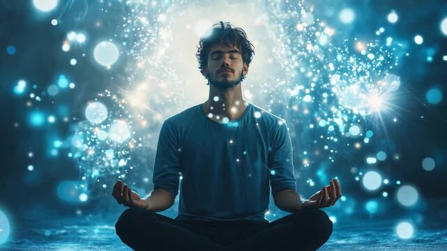 A young man sits cross-legged in lotus pose, meditating in a calming atmosphere with glowing orbs and soft blue light surrounding him
