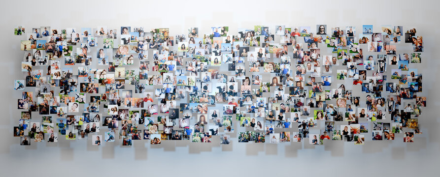 Collection of portrait people photos floating. Social media network banner