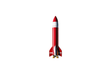 Centered high-quality stock photograph of a single rocket, isolating complete and detailed body highlighted against a starkly contrasting white backdrop, isolation technique, perfect for advertisement