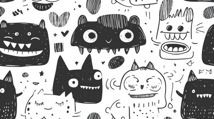 Playful Monster Doodles Seamless Pattern - Cute and Quirky Black and White Cartoon Creatures for Kids' Designs and Creative Projects