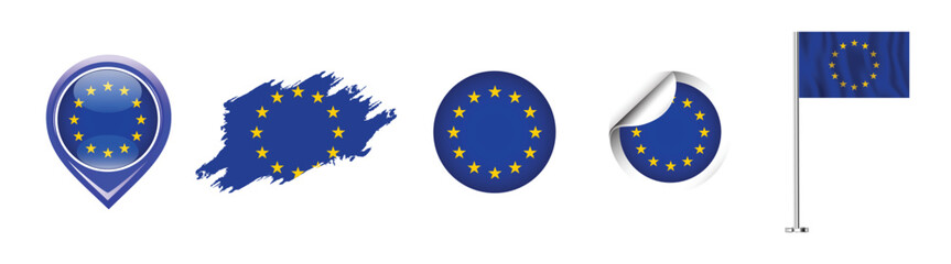 Collection of various European Union flags.