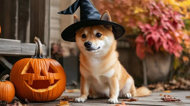 A Shiba Inu with a witch hat poses beside smiling pumpkins surrounded by colorful autumn foliage, embodying Halloween festivities