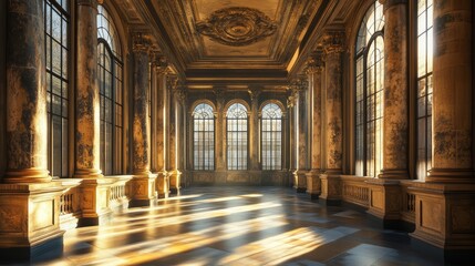 Fototapeta premium Grand Baroque Hall with Ornate Ceiling and Tall Windows Bathed in Golden Sunlight