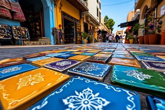 Souvenirs, hand-painted tiles, colorful patterns reflect the architectural beauty and cultural influences of the region