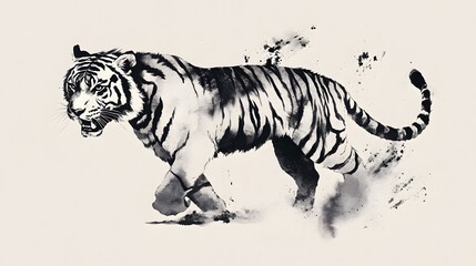 Naklejka premium Tiger Chinese Zodiac in Ink Wash Style: A tiger painted in the traditional Chinese ink wash style, with bold brush strokes and a minimalist background. 