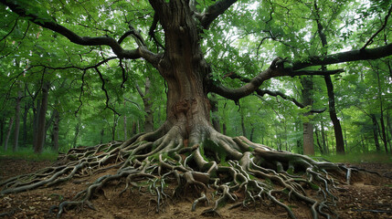 Obraz premium Medium close-up of an ancient oak tree with thick, gnarled roots and a wide, powerful trunk standing tall in a dense forest.