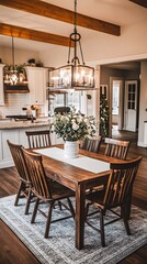 A rustic dining room with a wooden table, chairs, and a chandelier.