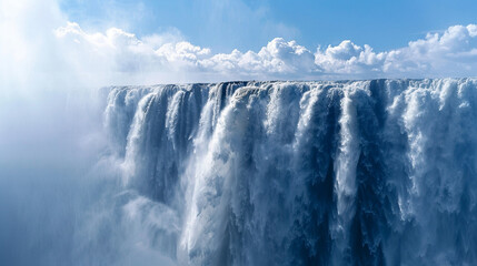 Obraz premium Medium close-up of a massive waterfall crashing down from a great height, with mist and water droplets catching the sunlight.