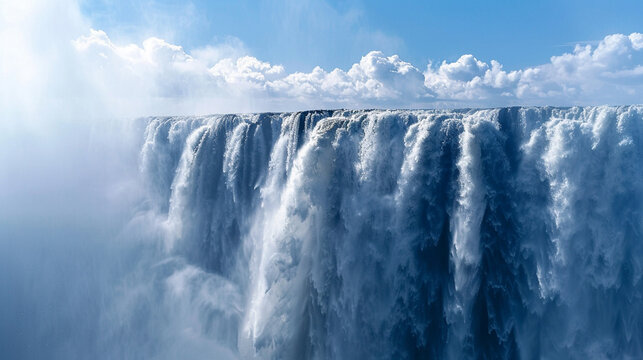 Medium close-up of a massive waterfall crashing down from a great height, with mist and water droplets catching the sunlight.