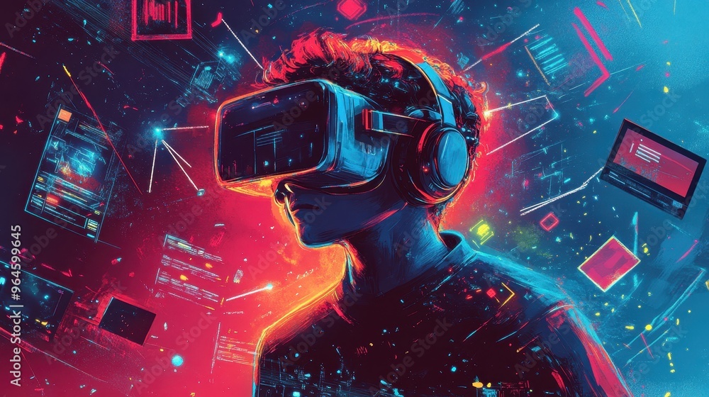 Aufkleber virtual reality gamer in colorful cyber world with floating icons and tech menus
