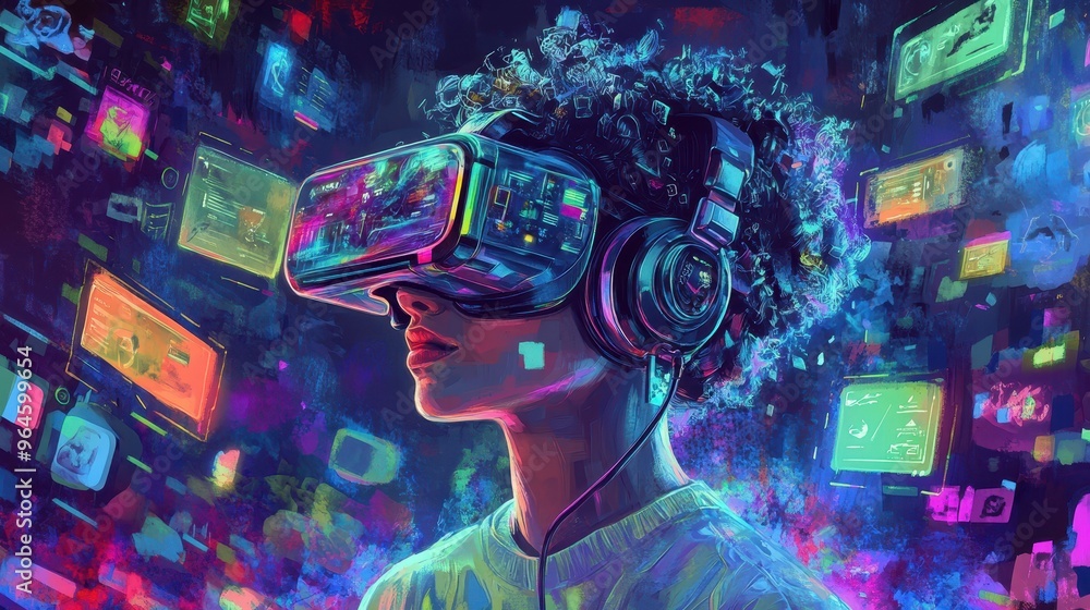 Aufkleber cyber gamer in virtual reality world with floating icons and tech menus