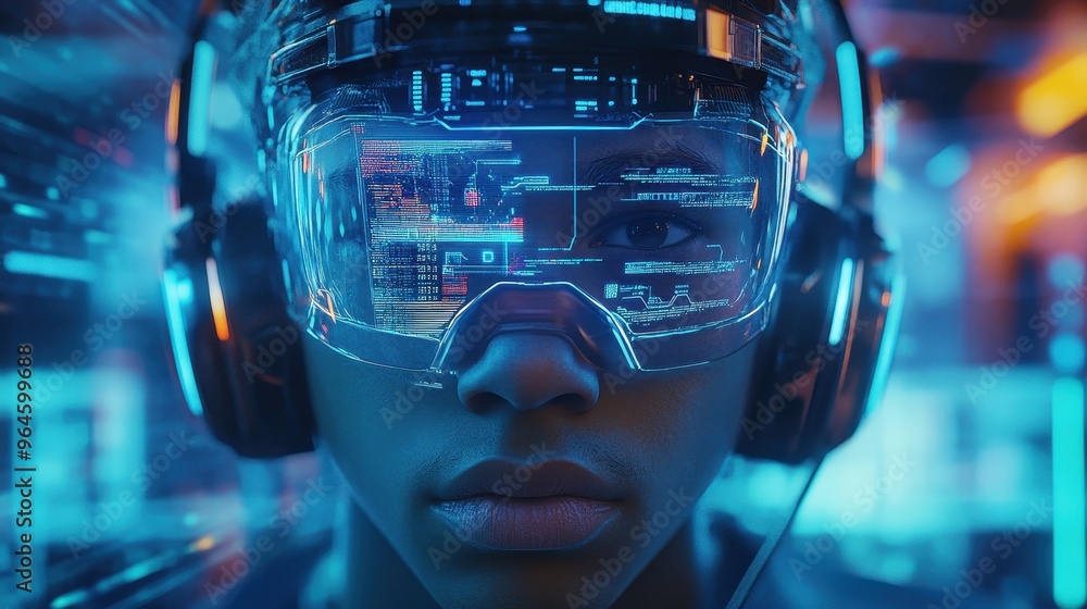Poster digital warrior - cyber gamer with high-tech headset and holographic game stats displayed in futuris