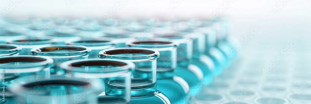 Poster close-up view of multiple rows of laboratory vials filled with blue liquid, aligned in a sterile, br
