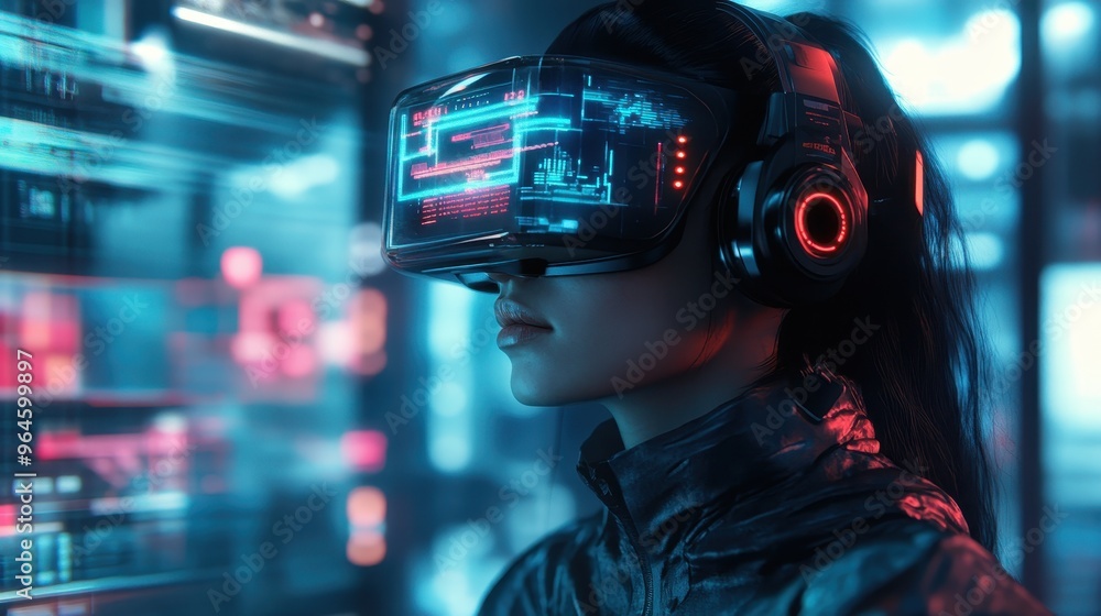 Poster digital gamer in cyberspace - futuristic virtual reality gaming experience with cyber headset and di