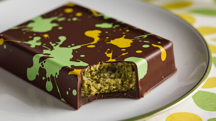 A piece of dark Dubai chocolate with a bite on a blurry background, the chocolate is filled with a thick layer of pistachio filling that seeps out the sides, with yellow and green spots on its surface