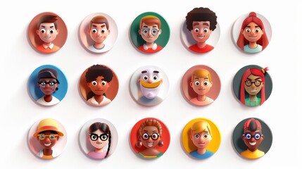 16 Diverse 3D Cartoon Avatars in Circles.