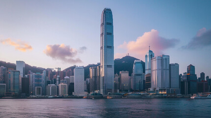 Fototapeta premium Medium close-up of a skyscraper towering over a bustling city, its structure sleek and symbolizing the might of human engineering.