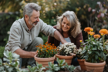 Caucasian married middle aged couple planting herbs at the backyard