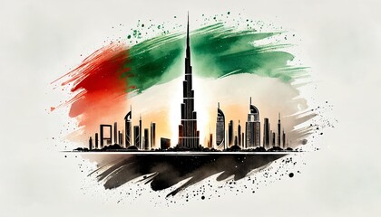 Watercolor illustration for uae national day celebration with city skyline.