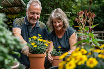 Caucasian married middle aged couple planting herbs at the backyard