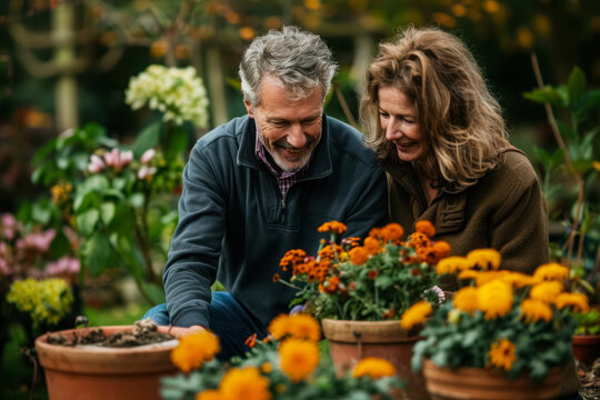 Caucasian married middle aged couple planting herbs at the backyard
