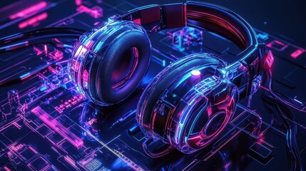 Fototapeta premium Neon Cyber Headset in Futuristic Gaming Interface Illustration