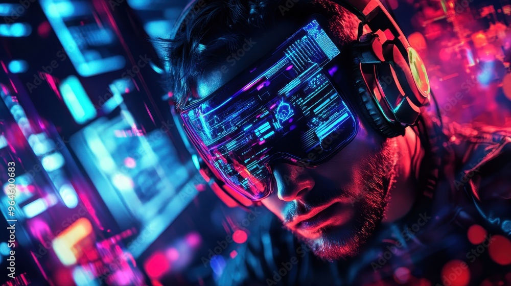 Aufkleber futuristic cyber gamer immersed in holographic game environment with digital data streams in neon-li