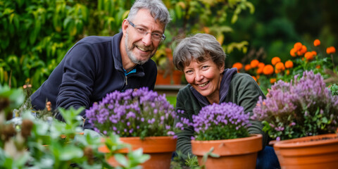 Caucasian married middle aged couple planting herbs at the backyard