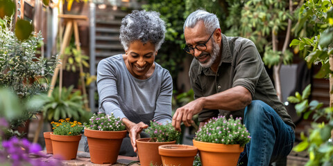 Multiracial married middle aged couple planting herbs at the backyard