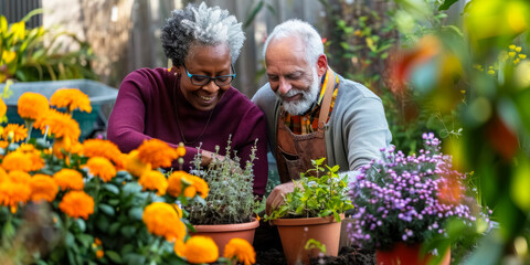 Multiracial married middle aged couple planting herbs at the backyard
