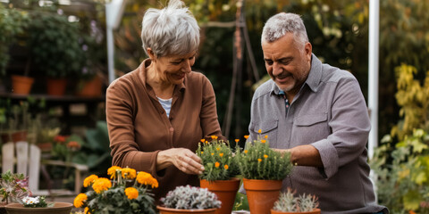Multiracial married middle aged couple planting herbs at the backyard