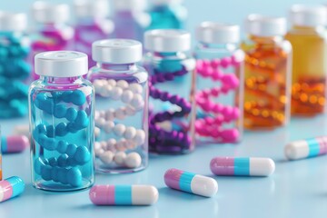 Medicine, various tablets, capsules and pills, blue capsules and red capsules, illness medication cure pharmaceutical close up