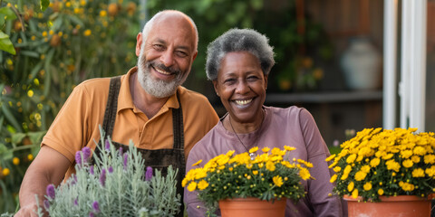 Multiracial married middle aged couple planting herbs at the backyard