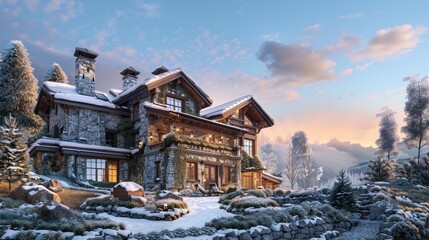 A Snowy Mountain Chalet Surrounded by Lush Pines and a Breathtaking Winter Landscape at Sunrise