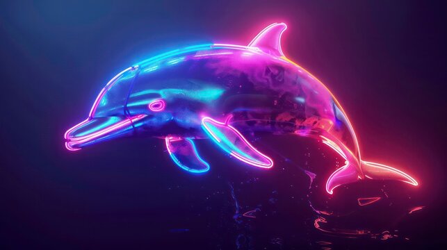 recommend clip art: 3D render of a glowing dolphin with neon outlines, dark purple background.