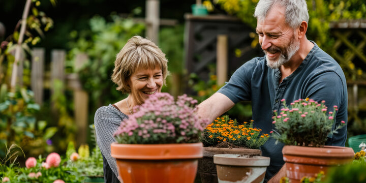 Caucasian married middle aged couple planting herbs at the backyard