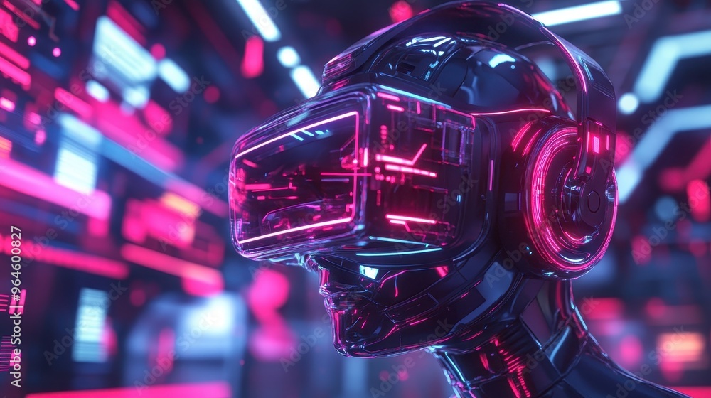 Aufkleber techno dreams - futuristic cyber headset in virtual reality interface with neon lights and tech feat