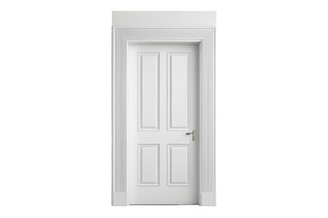 High-quality stock photo, solitary door centered, full view, isolated against pure white backdrop, emphasis on smooth door surface texture, subtle door handle shadows, implied simplicity