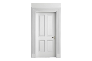 High-quality stock photo, solitary door centered, full view, isolated against pure white backdrop, emphasis on smooth door surface texture, subtle door handle shadows, implied simplicity