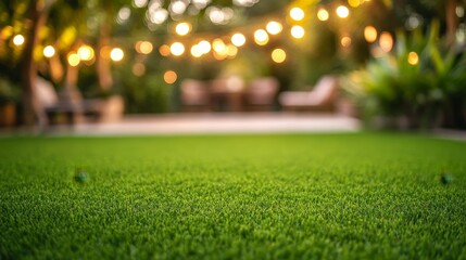 Naklejka premium A serene outdoor space featuring lush green grass and warm string lights, perfect for relaxation and gatherings.