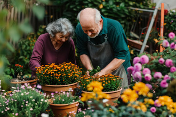 Caucasian married middle aged couple planting herbs at the backyard