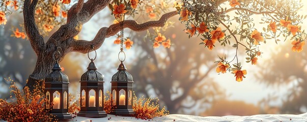 Three lanterns hanging from a tree branch in a garden setting with autumn leaves and flowers. The scene is peaceful and serene, creating a sense of tranquility.