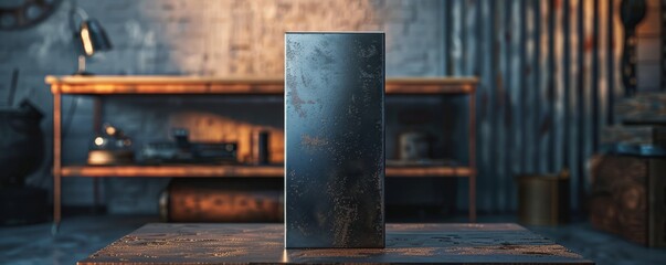 Sleek steel pedestal with a brushed finish, spotlighted in an industrial environment.