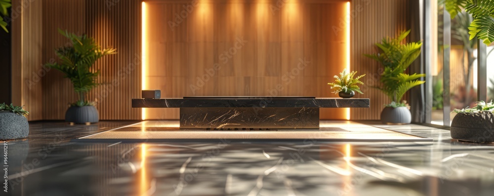 Poster podium mockup with a built-in wireless speaker system.