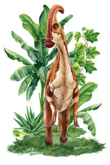 Realistic dinosaur Jurassic plant isolated. Hand draw watercolor dinosaurs illustration for encyclopedia ancient animals
