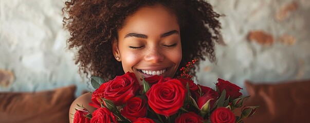 A woman with an ecstatic expression, receiving a bouquet of red roses and holding them close with tears of joy against a white backdrop. 4K hyperrealistic photo.