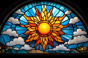 Stained glass window, depicting a rising sun, symbol of new beginnings fills the room with the promise of hope and the dawn of a new day